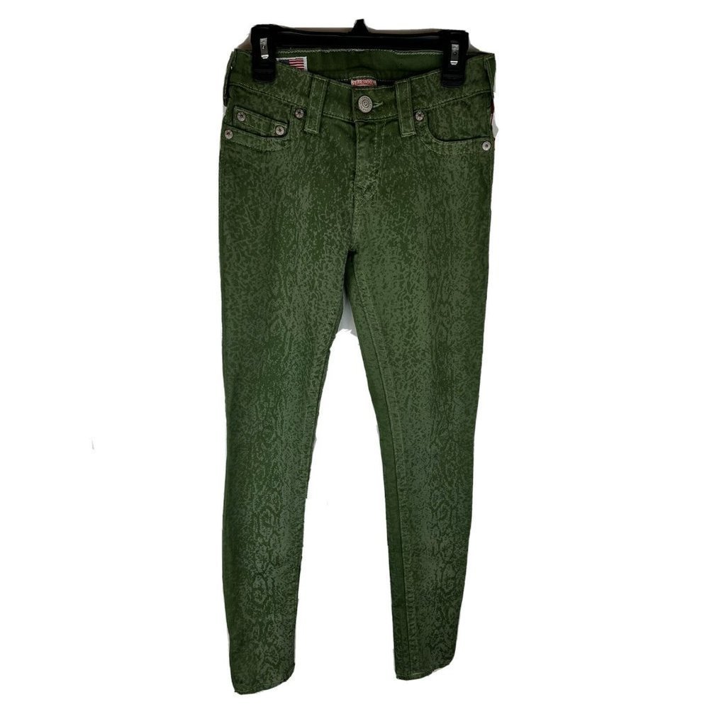 TRUE RELIGION Halle Women 25 Green Print‎ Cotton Stretch USA Made Skinny Jean